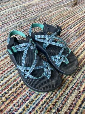 Chaco Women's Black Sandals with Teal and Light Blue Straps